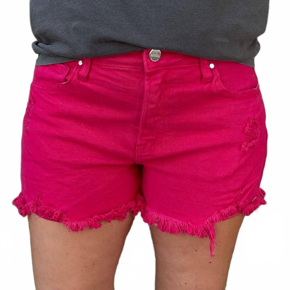 NEW RISEN rebecca mid rise fuchsia denim shorts in pink